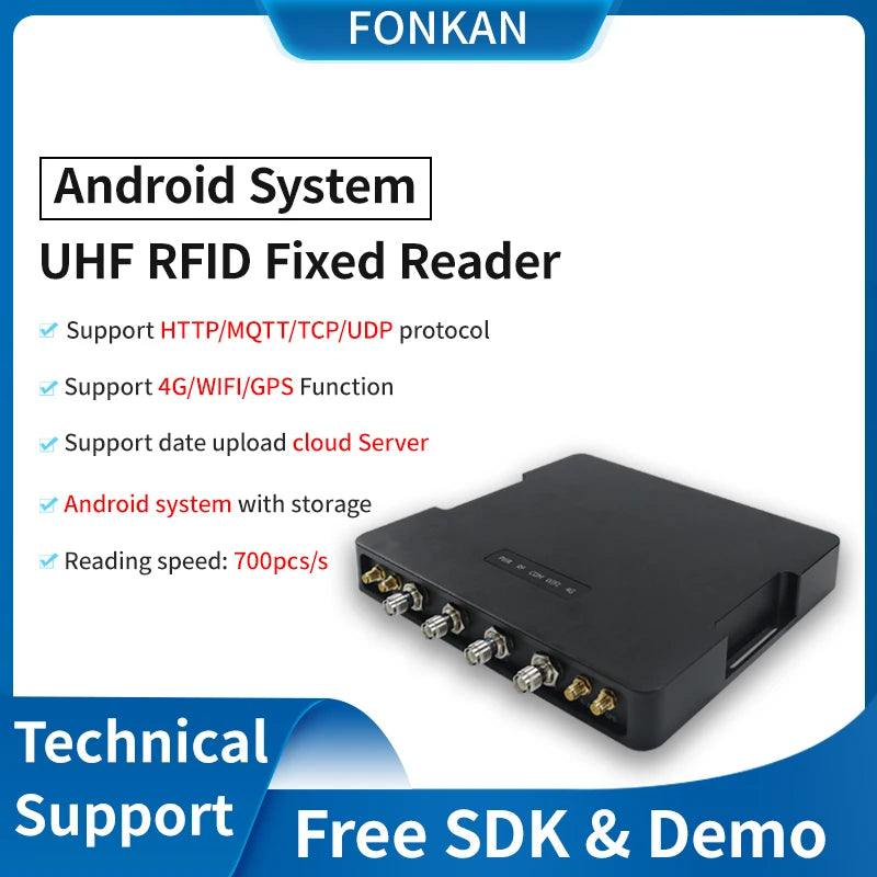 Long Range Android 7.1 Impinj E710 RFID Reader UHF RFID 4Port Reader JSON Format HTTP/MQTT Protocol Warehouse for Library System